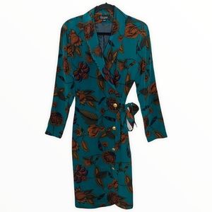 Gillian Dark Teal Floral 100% Silk Jacket Dress with Belt Size 6